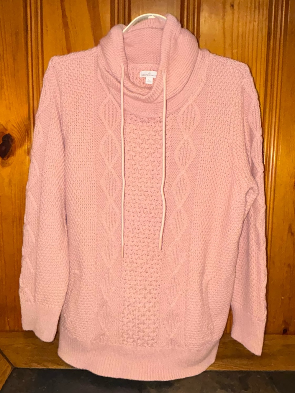 LL Bean Signature Pink Cowl Neck Fisherman Cable Knit Sweater Large Like New